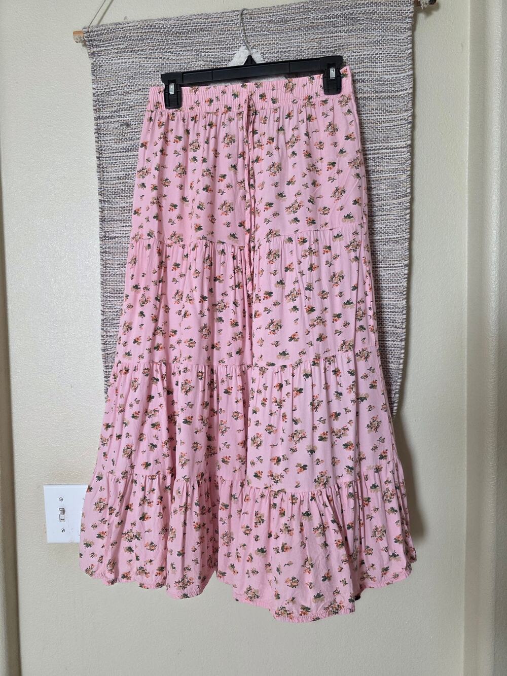 Floral Tiered Midi Skirt Pink Cottagecore Boho Ruffle Elastic Waist Drawstring
